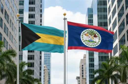Flags of Belize and the Bahamas in a business center