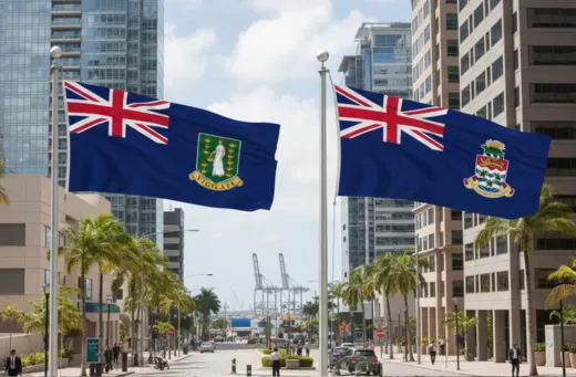 Flags of Belize and the Bahamas in a business center