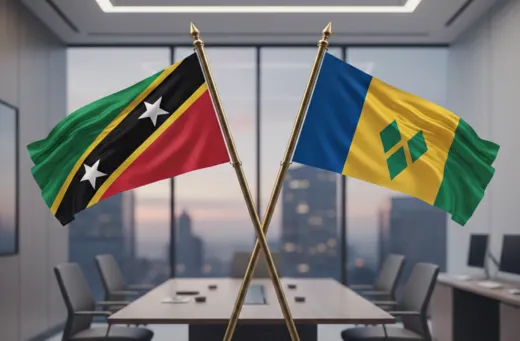 Flags of Belize and the Bahamas in a business center