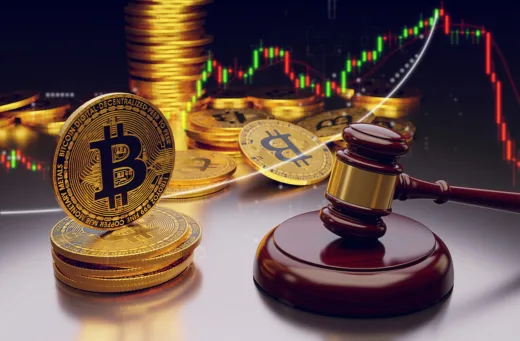 Representation of Bitcoin coins next to a judge's gavel