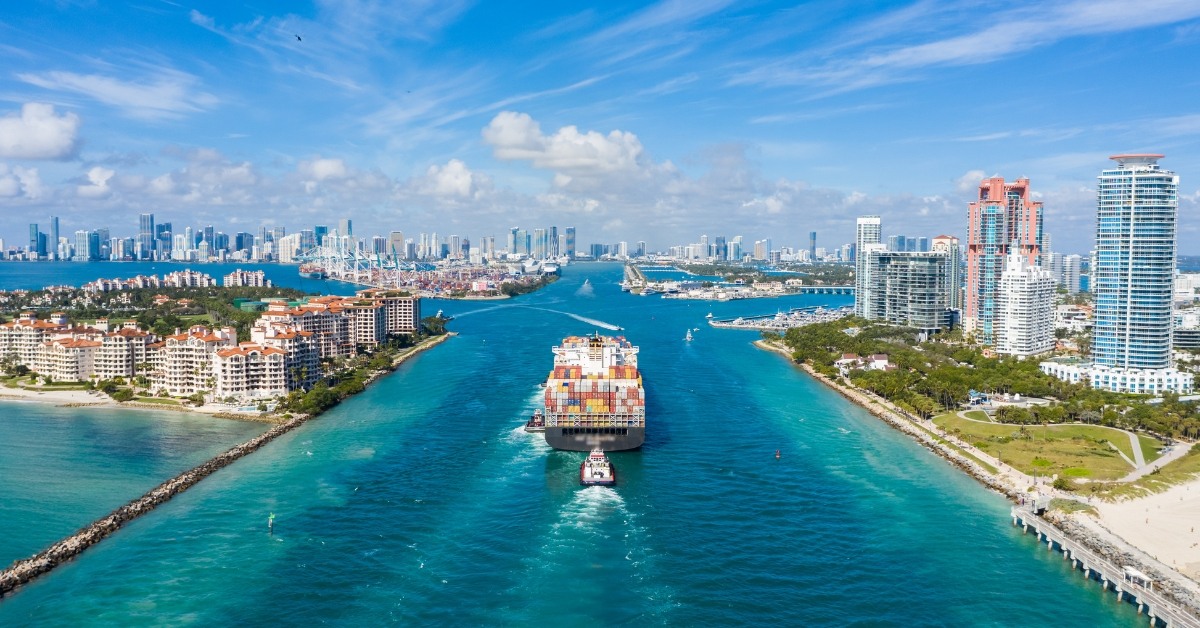 Container ship enters port of Miami with cargo destined for Foreign Trade Zone in the US