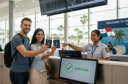 Couple at airport taking flight to Panama