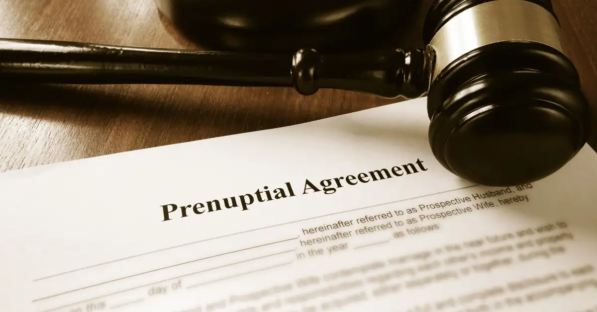 Prenuptial agreement document with judge's gavel