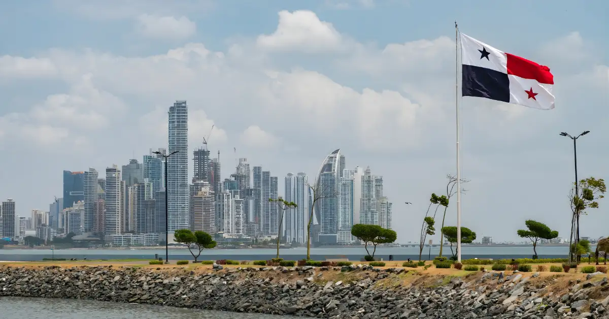 Coastal city with the flag of Panama