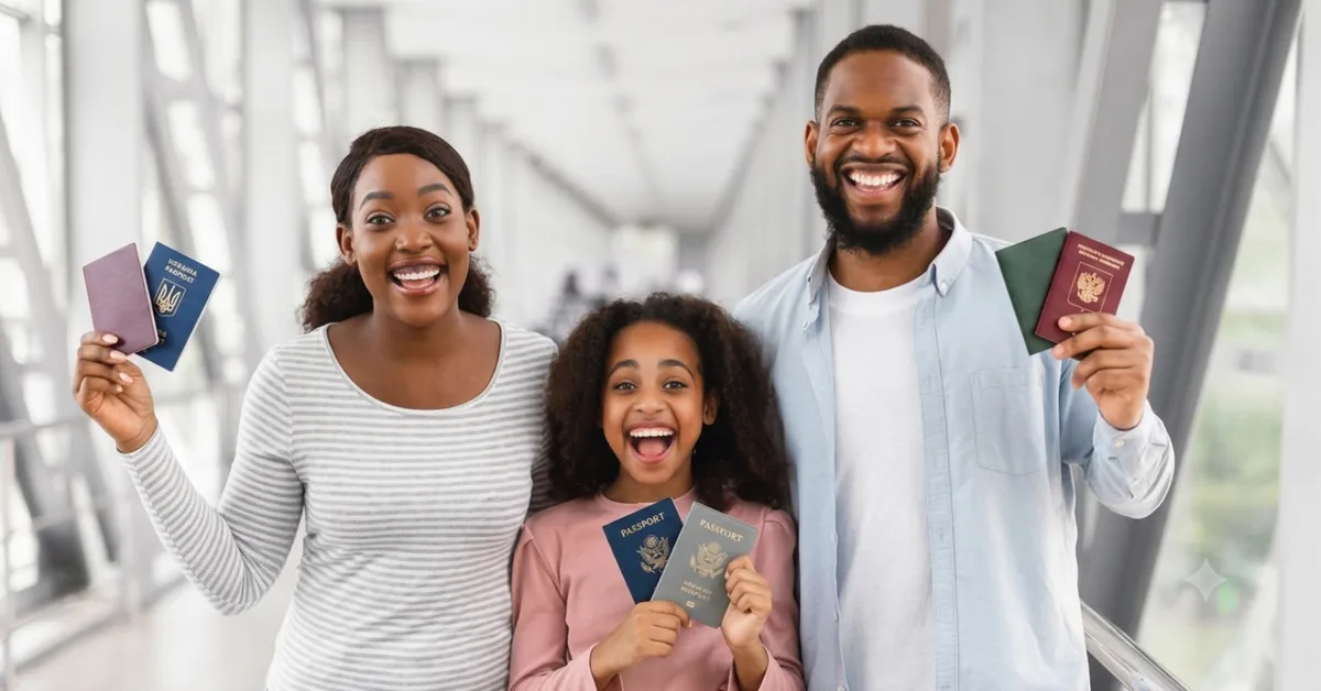 Familia con dos pasaportes planificando viajes y reubicación internacional